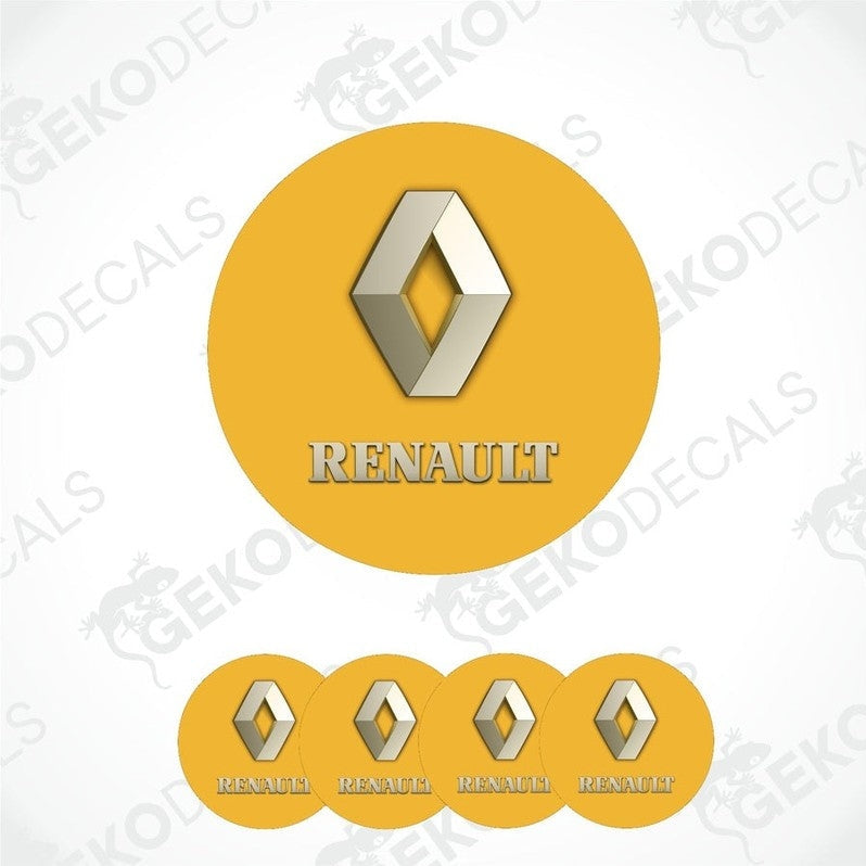 A set of four yellow vinyl stickers with the RENAULT logo on them.