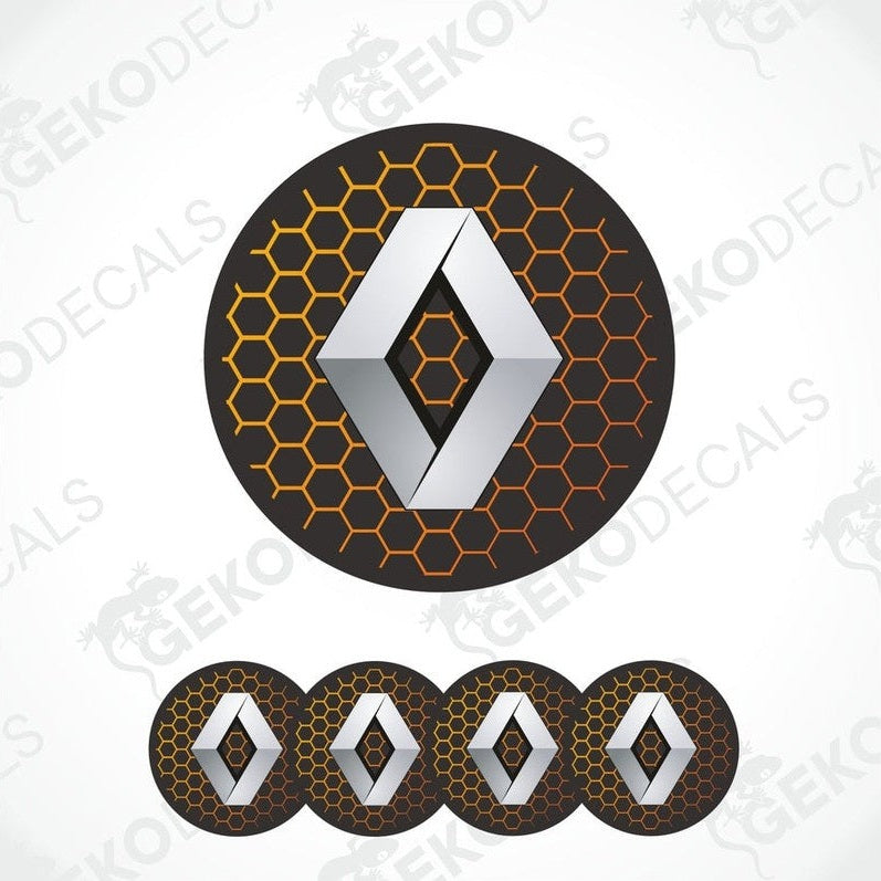 A set of four orange, silver, and black vinyl stickers with a geometric pattern, featuring the Renault logo.