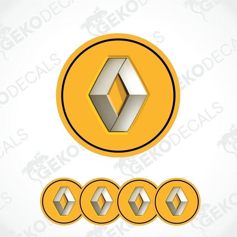 A set of four yellow vinyl stickers with a geometric pattern and the RENAULT brand logo on each.