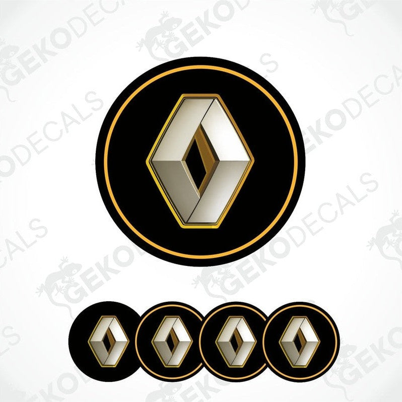 A set of four black and silver RENAULT branded vinyl stickers with a dome shape and a shiny finish.