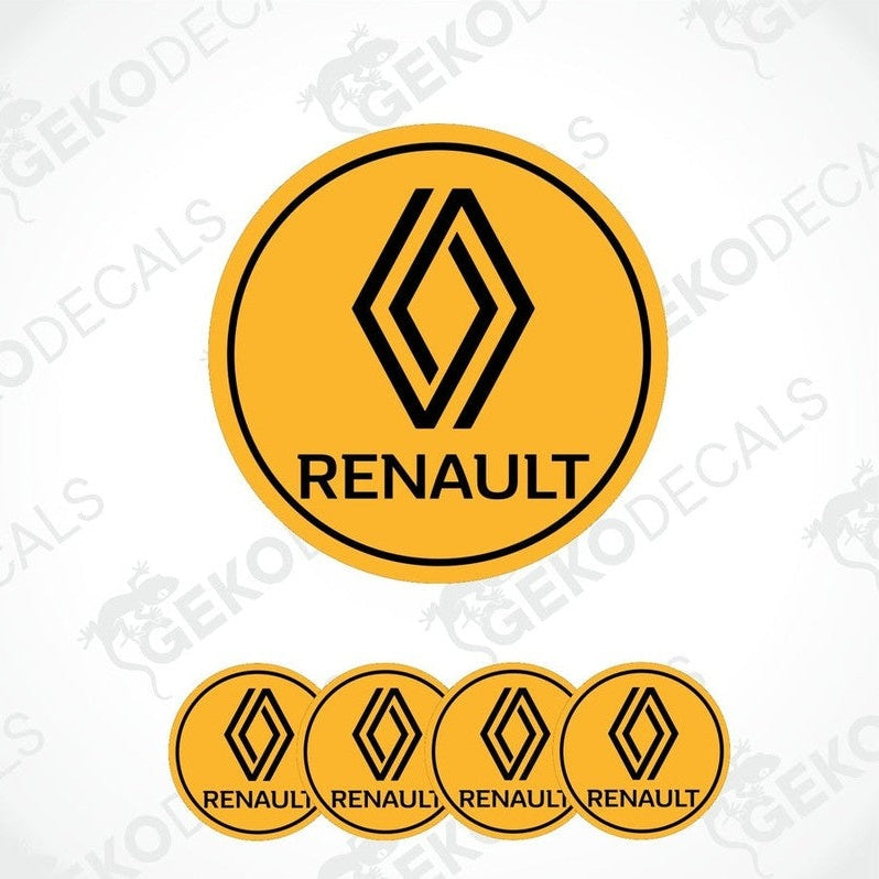 A set of four yellow vinyl stickers with the RENAULT brand logo on them.