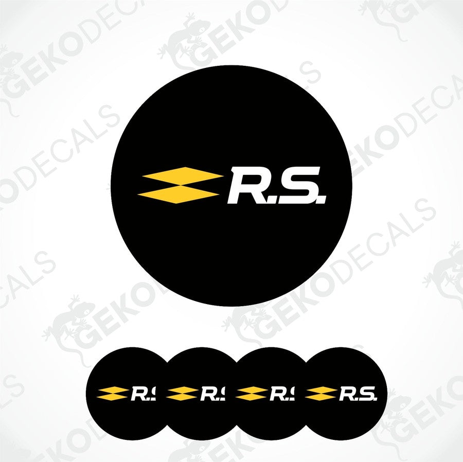 Set of four vinyl decals with 'RENAULT RS' logo, predominantly black with yellow accents.