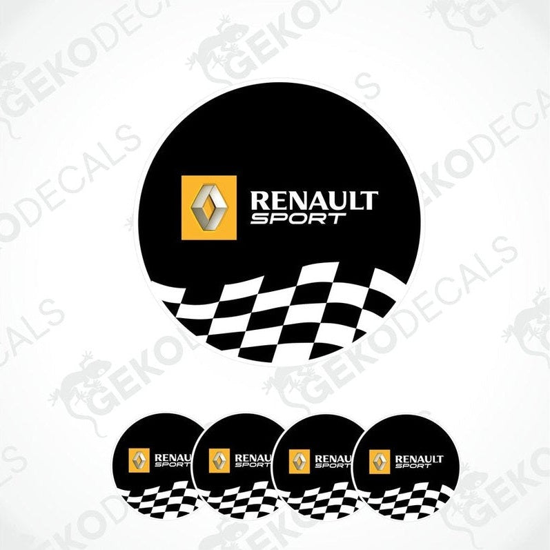 A set of four black vinyl stickers with the Renault Sport logo and a checkered pattern.