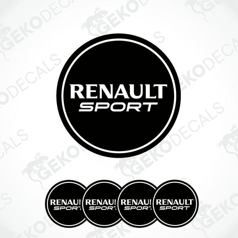 Set of four black round car decals with 'RENAULT SPORT' written in white letters.