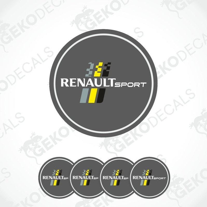 Set of four vinyl decals with polyurethane coating, featuring the RENAULT SPORT logo in silver, black, yellow, and white colors.