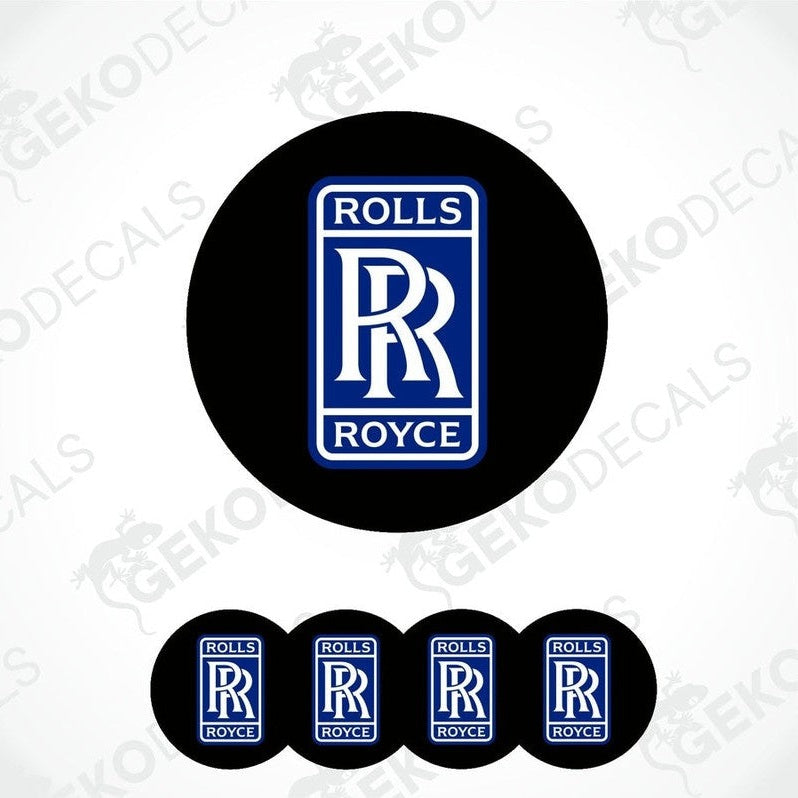 A set of four vinyl stickers with a Rolls Royce logo in blue, black, white, and red colors.