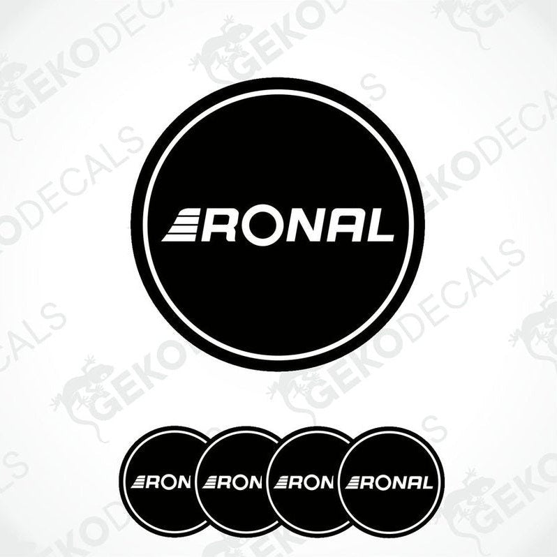 A set of four black vinyl stickers with the RONAL brand logo on them.