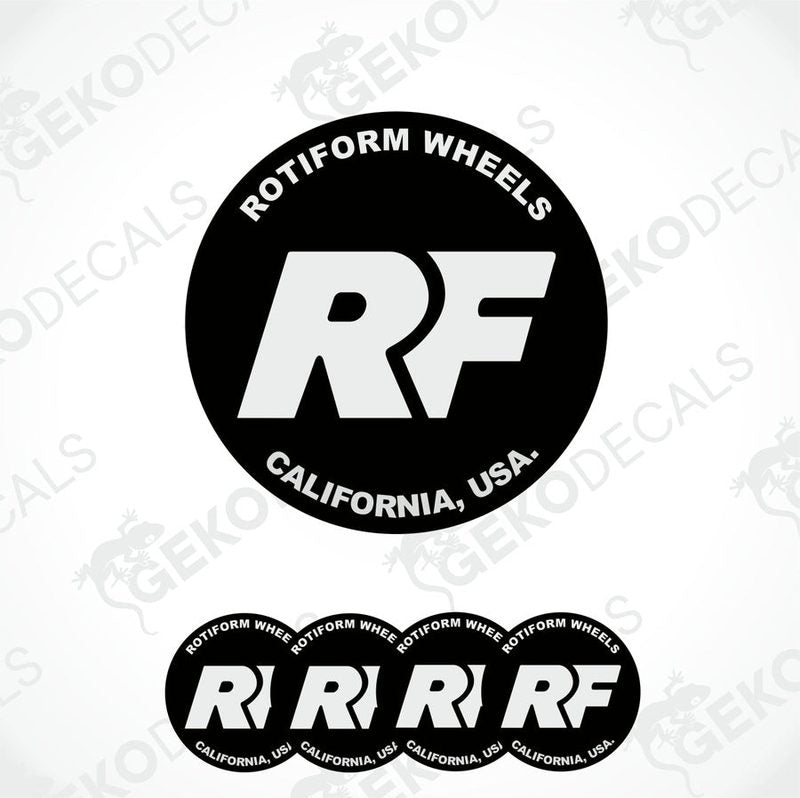 A set of four black vinyl stickers with the ROTIFORM Wheels logo in white. The stickers have a polyurethane coating and are designed in California, USA.
