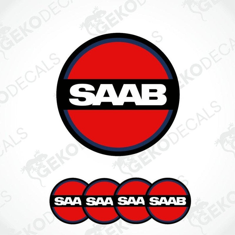 A set of four vinyl decals with polyurethane coating featuring the SAAB logo in red, white, and black colors.