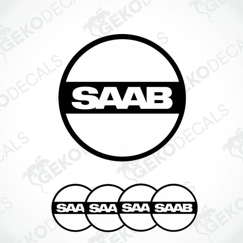 A set of four vinyl decals with polyurethane coating, featuring the SAAB brand logo in black and white.