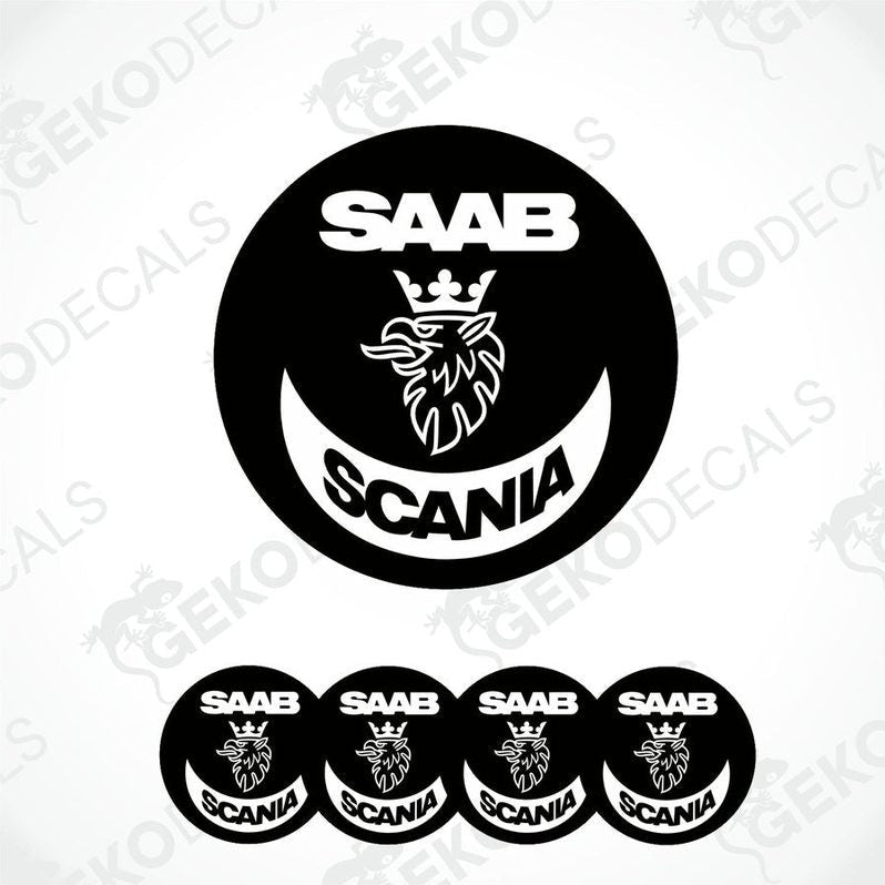 A set of black and white vinyl decals with the SAAB SCANIA logo, including one large decal and four smaller ones.