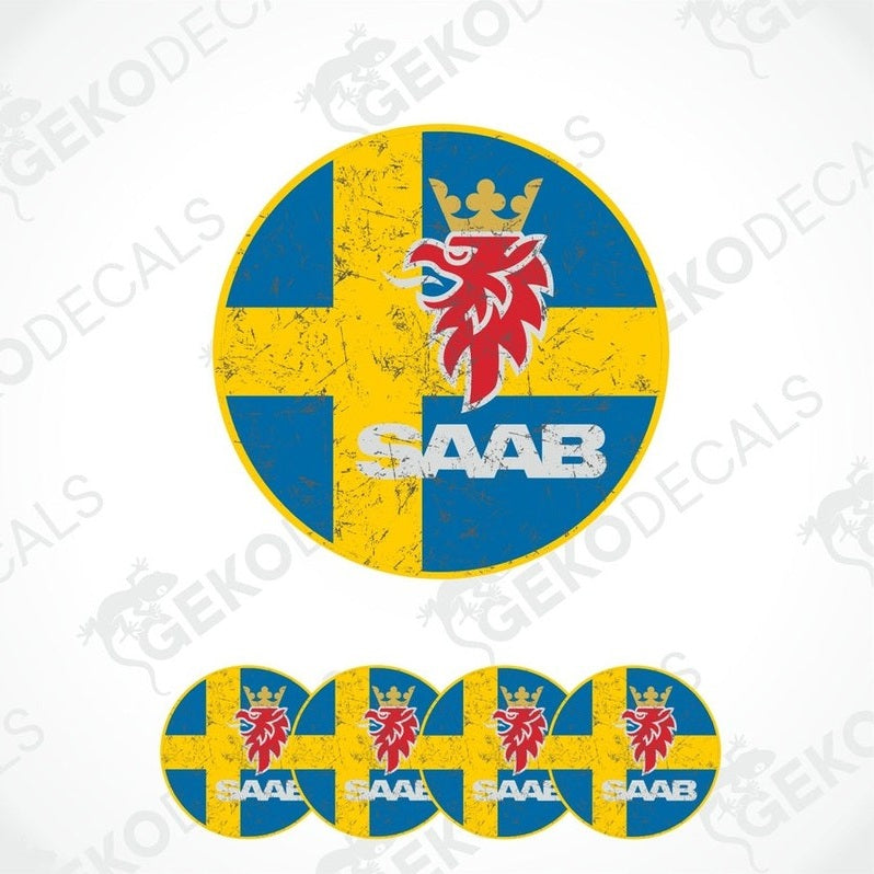 A set of four blue vinyl stickers with a yellow and red emblem in the center, and the text 'SAAB' below the emblem.