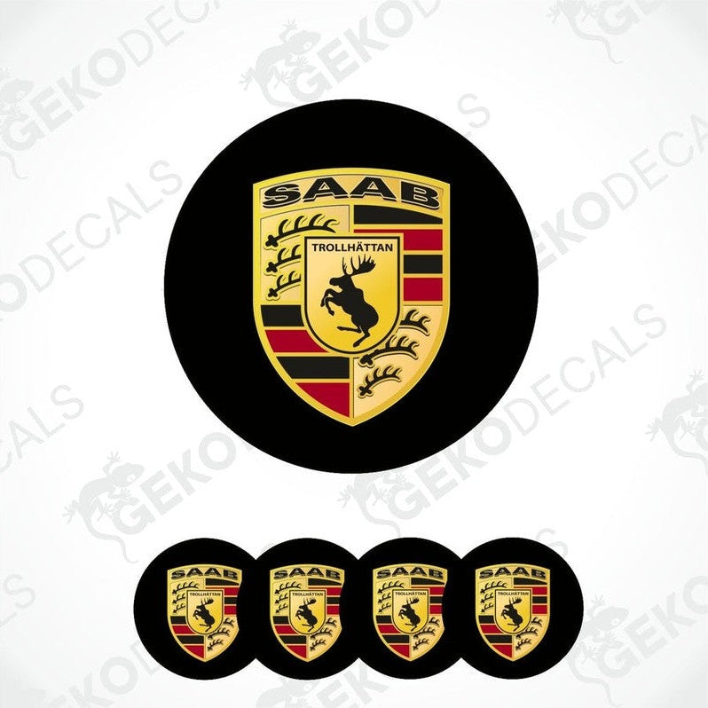 A set of four vinyl decals with polyurethane coating featuring the SAAB Trollhättan logo.