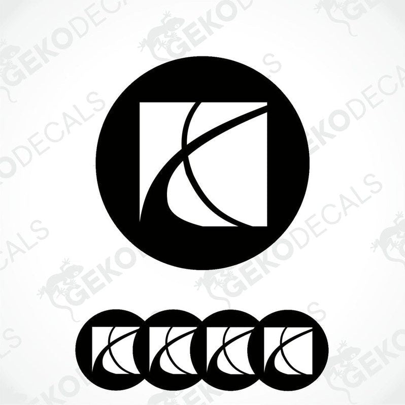 A set of four vinyl decals with a polyurethane coating designed to resemble the Saturn logo, presented in black and white