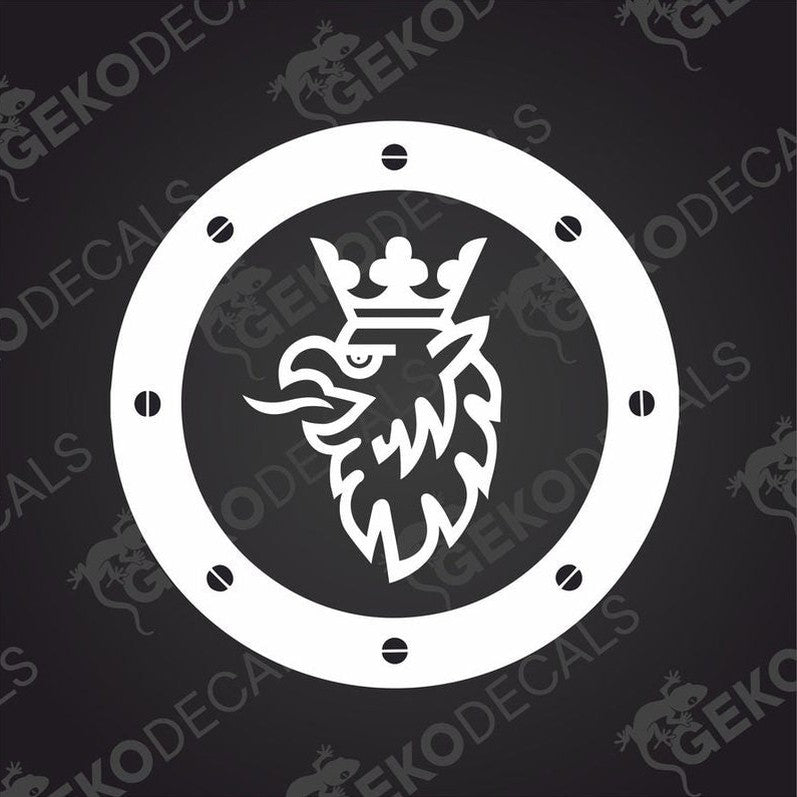 A die cut sticker with a design of a crowned eagle, intended for use on vehicles, either interior or exterior.