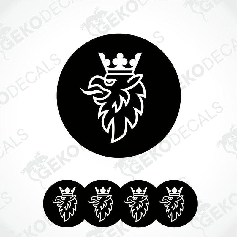 A set of four black vinyl stickers with a white logo of a scania and crown design.