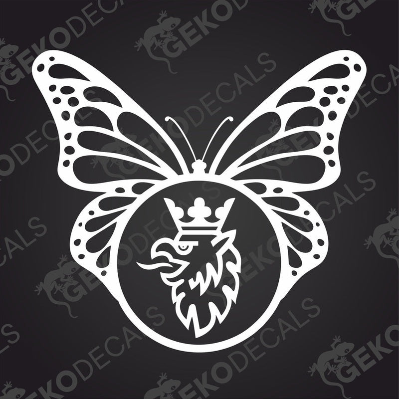 A die cut decal depicting a butterfly with a Scania emblem in the center.