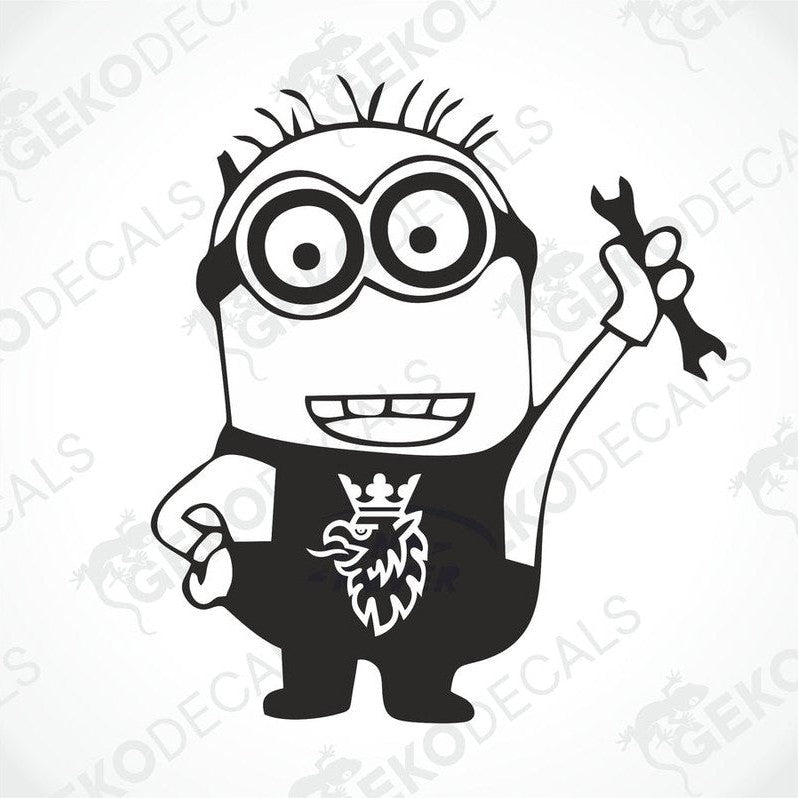 Minion, one arm raised and a wrench in his hand, with the Scania Vabis logo on his stomach.