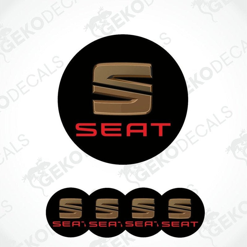 A set of four black vinyl stickers with the word 'SEAT' printed in red and chrome brown colors.
