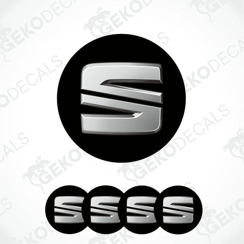 Set of four black vinyl decals with polyurethane coating, featuring the SEAT logo in silver color.