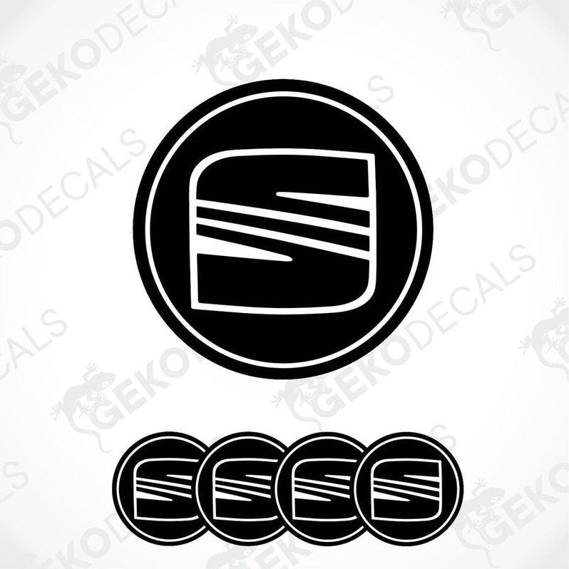 A set of four black vinyl decals with the 'SEAT' logo in silver and red color.