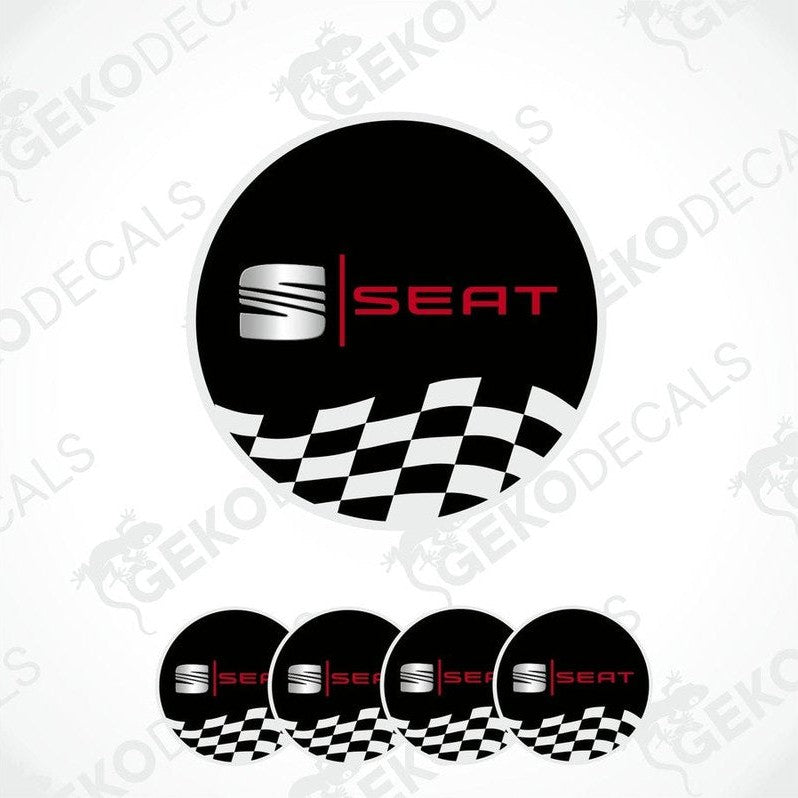 A set of four black vinyl stickers with a checkered pattern and the word 'SEAT' in red and white.