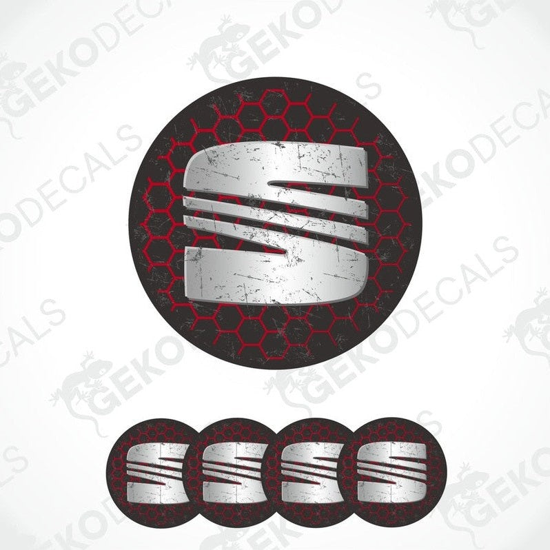 A set of four circular vinyl stickers with a red, black, and silver color scheme and the letter 'SEAT' in the center.