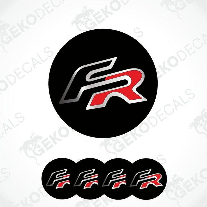 Set of four vinyl decals with 'FR' logo design, predominantly black with red and white accents, displayed on a white background.
