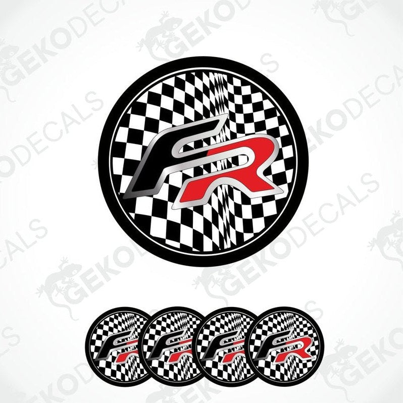 A set of four vinyl decals with a checkered pattern and 'FR' text design, typically used as car wheel stickers.
