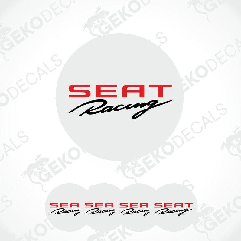 A set of four white vinyl decals with the text 'SEAT Racing' printed in red and black.