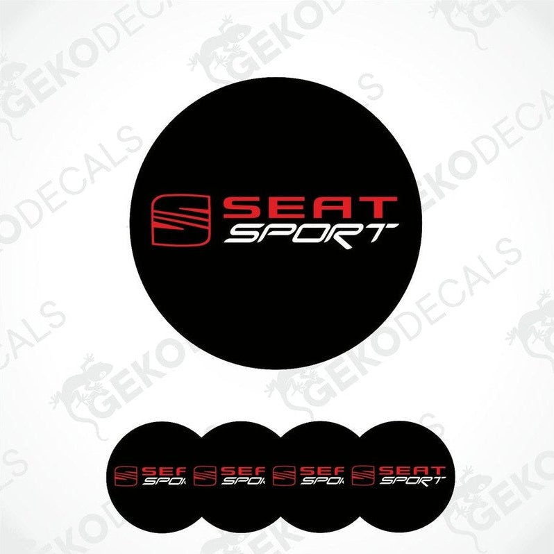 A set of four black vinyl stickers with the 'SEAT SPORT' logo in red and white.