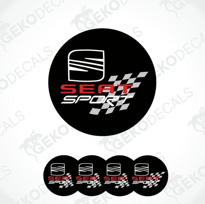 A set of four round car decals with the SEAT SPORT logo in black, red, and white colors.
