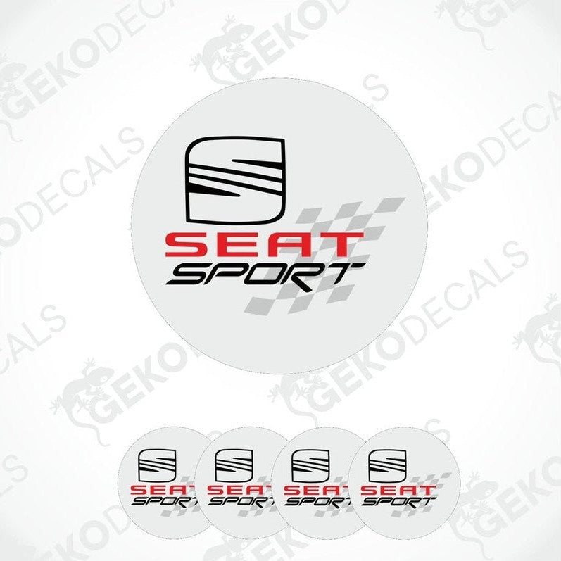 A set of four white vinyl stickers with the SEAT Sport logo and a checkered pattern around it.