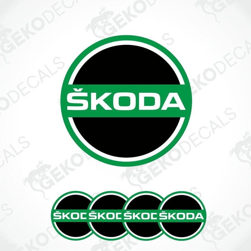 A set of four green, black, white, and red vinyl stickers with a ŠKODA logo design.