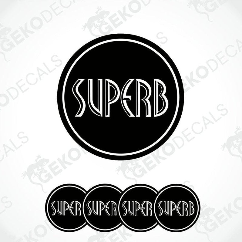 A set of black vinyl decals with the word 'SUPERB' written in white letters, designed for use as car stickers.