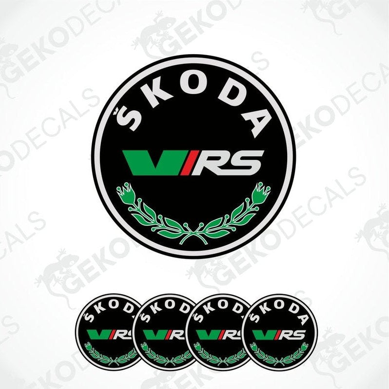 A set of four black vinyl stickers with green and white text and graphics, including the brand name 'SKODA' and the model designation 'VRS'.