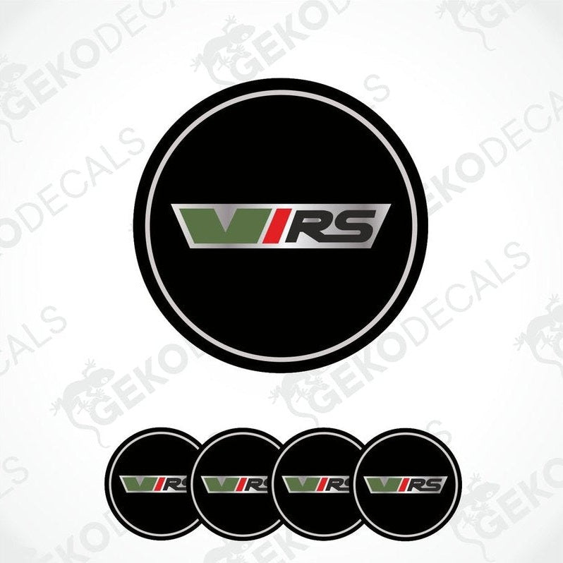 A set of four vinyl decals with a polyurethane coating designed for a car, featuring the VRS logo on a black background.