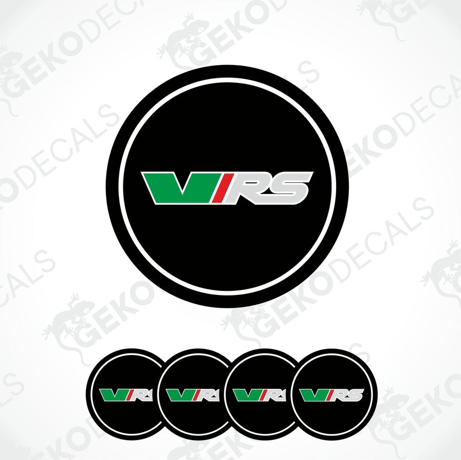 A set of four black, green, and white car wheel decals with the VRS logo.