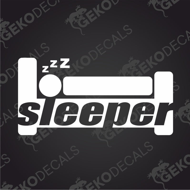 A white graphic decal of a sleeping figure with the word 'sleeper' written in a bold, simple font.