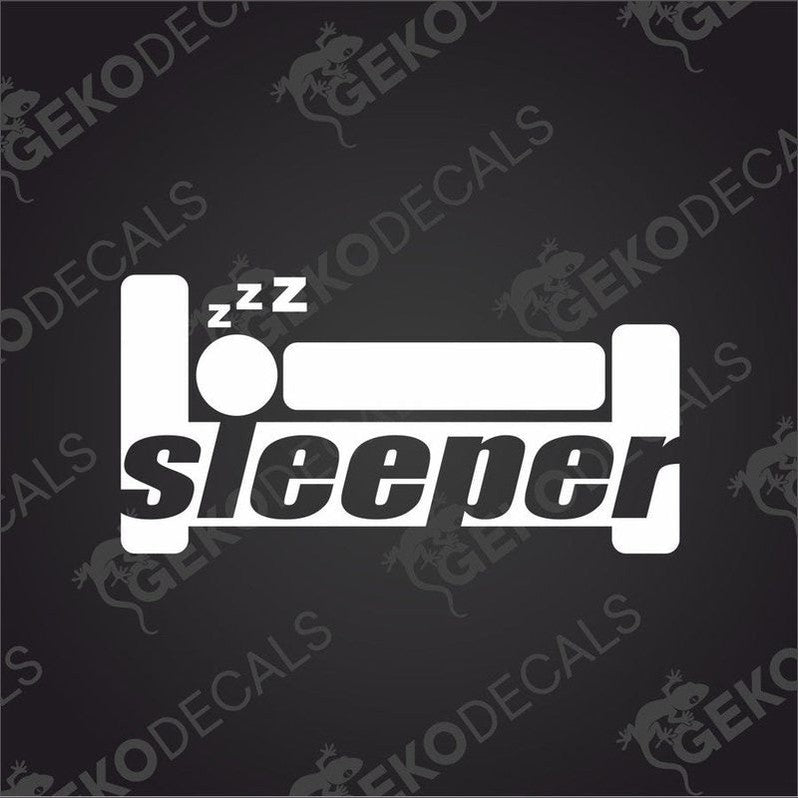 White die cut car decal with stylized bed and sleeper text on dark background