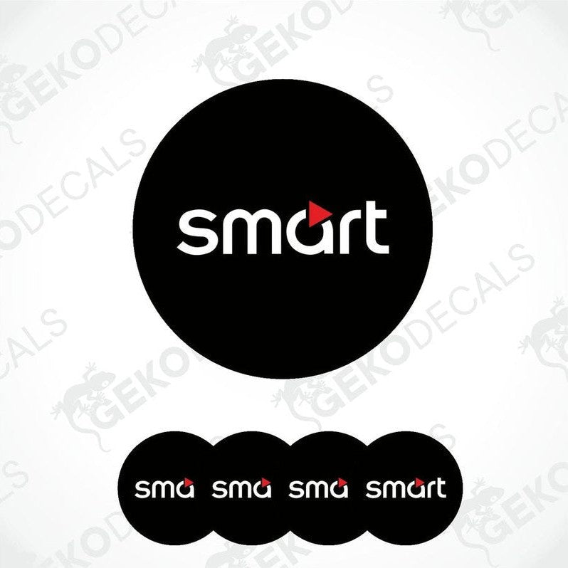 A set of four round car decals with the smart car logo in black, red, and white colors