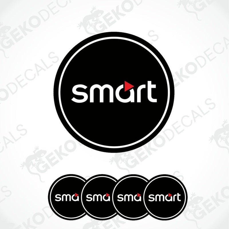 Set of four black vinyl decals with the 'smart' logo in white, designed for vehicle wheels and cars.