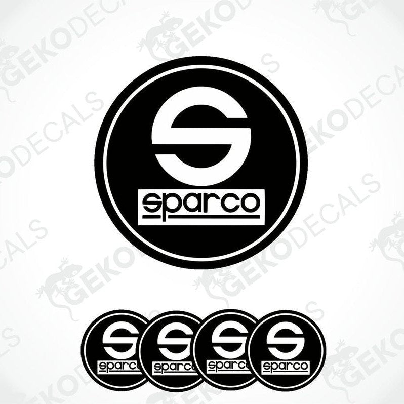A set of four black vinyl stickers with the SPARCO brand logo on them.