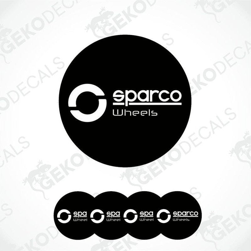 A set of four black vinyl stickers with the SPARCO brand logo, designed for use as car decals.