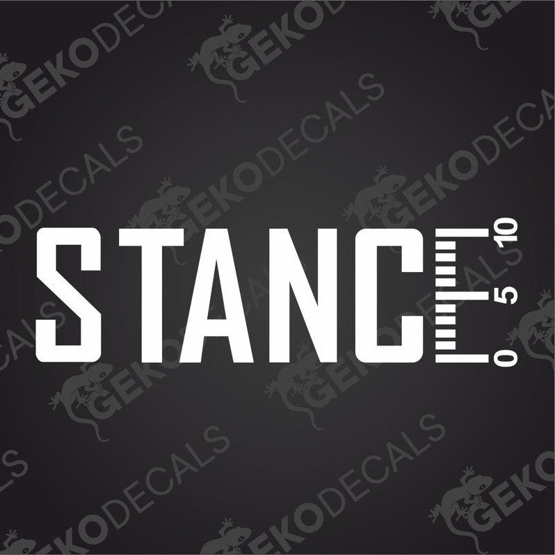 The image shows the word 'STANCE' in white capital letters, followed by the measurements.