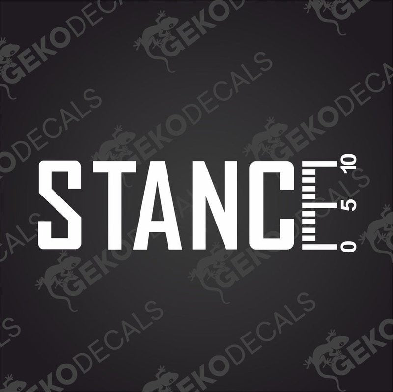 White STANCE die cut car decal on transfer paper with ruler for sizing