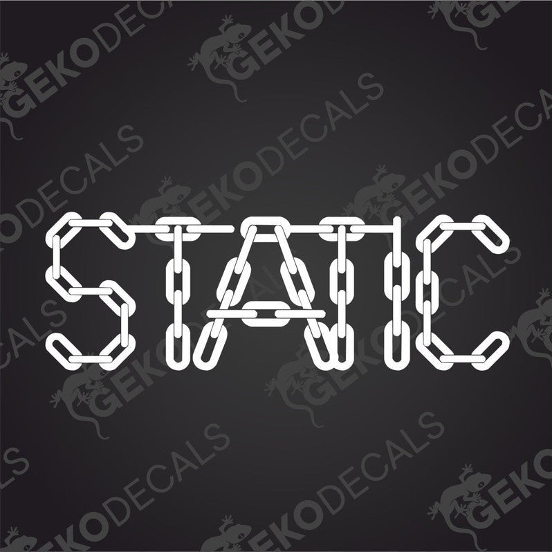 A car decal with the word 'STATIC' depicted using chain links on a black background.