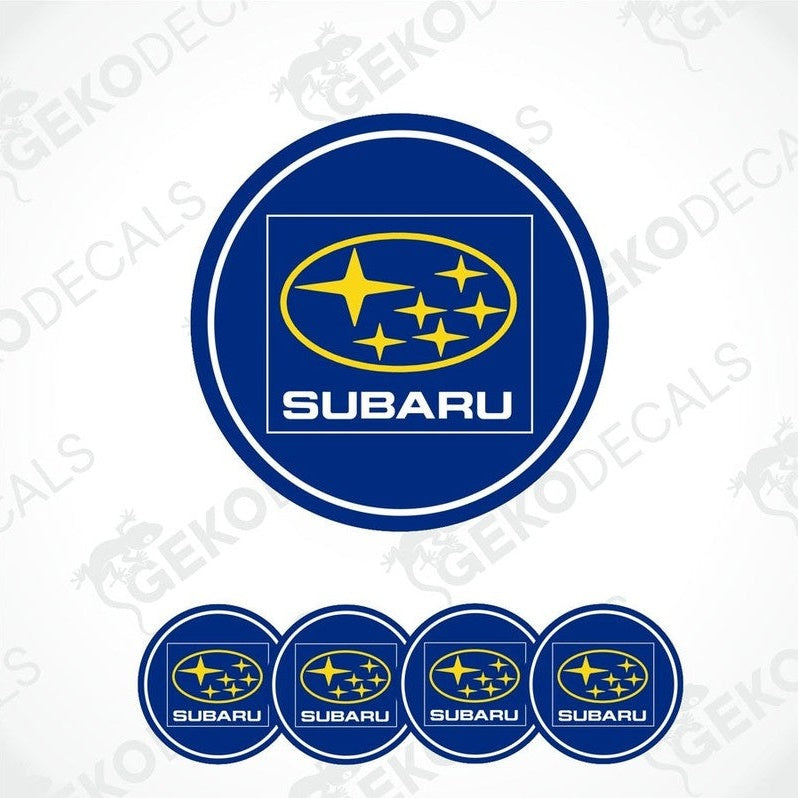 A set of four blue vinyl stickers with the Subaru brand logo and stars around it.