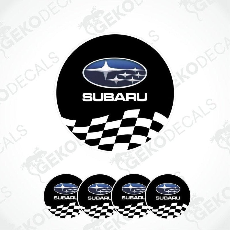 A set of four vinyl decals with polyurethane coating, featuring the Subaru logo with a checkered pattern.