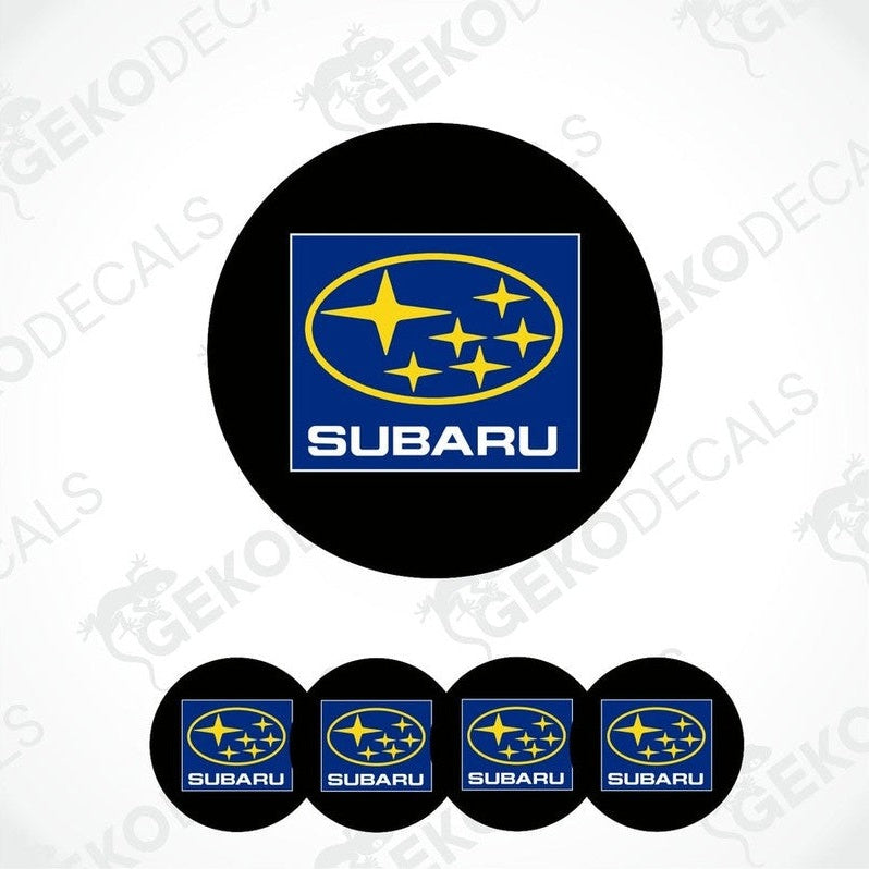 A set of four Subaru branded vinyl decals with a polyurethane coating, displayed on a white background.